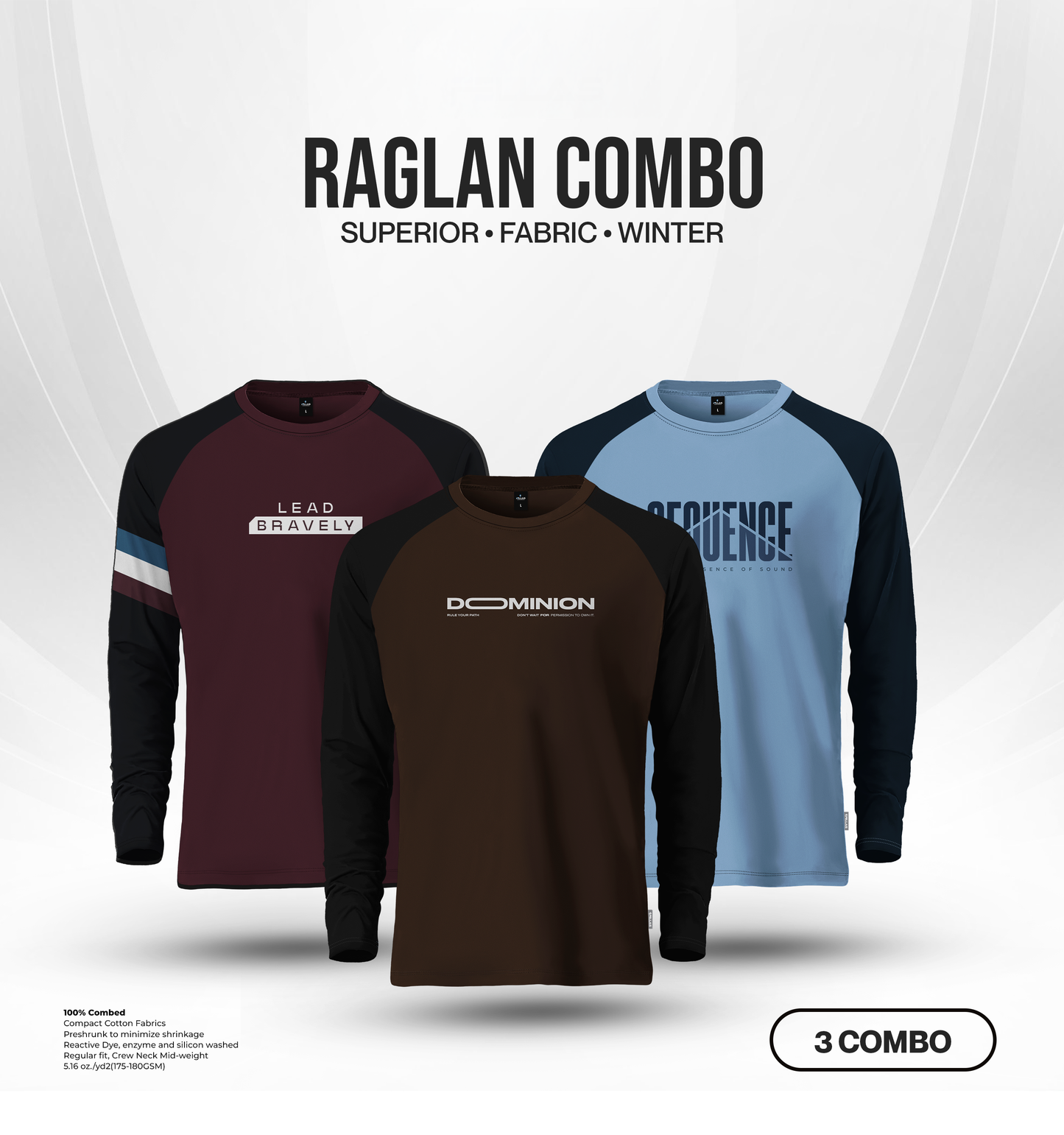 Men's Full Sleeve Raglan T-Shirt Combo (3 Pcs) - Lead bravely, Dominion, Sequence