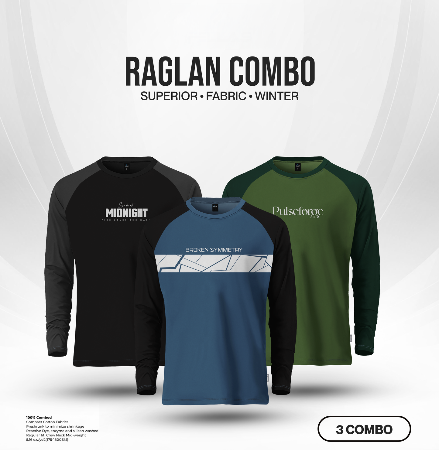 Men's Full Sleeve Raglan T-Shirt Combo (3 Pcs) - Syndicate Midnight, Broken Symmetry, Pulseforge