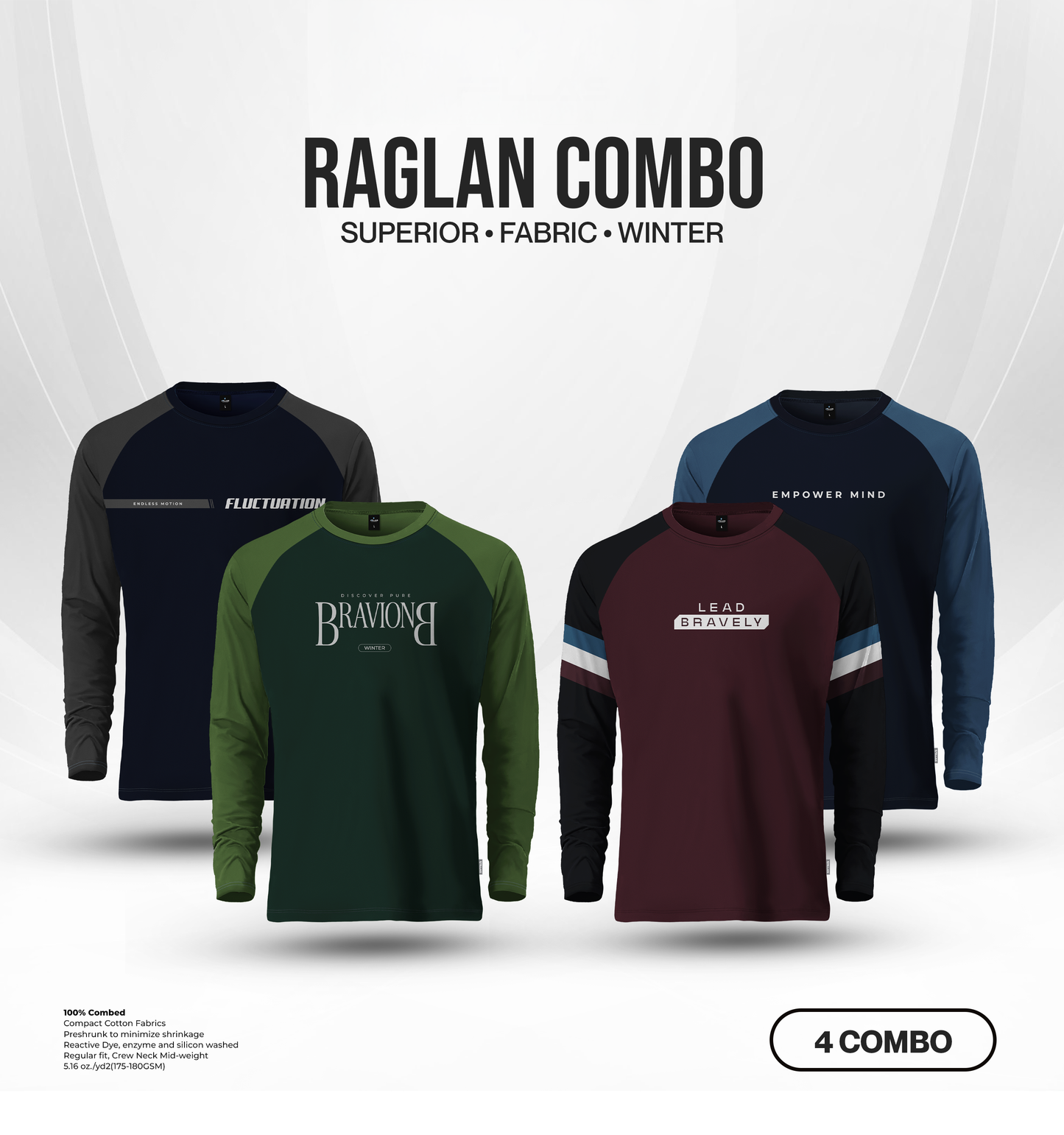 Men's Full Sleeve Raglan T-Shirt Combo (4 pcs) - Fluctuation, Bravion, Lead bravely, Empower mind