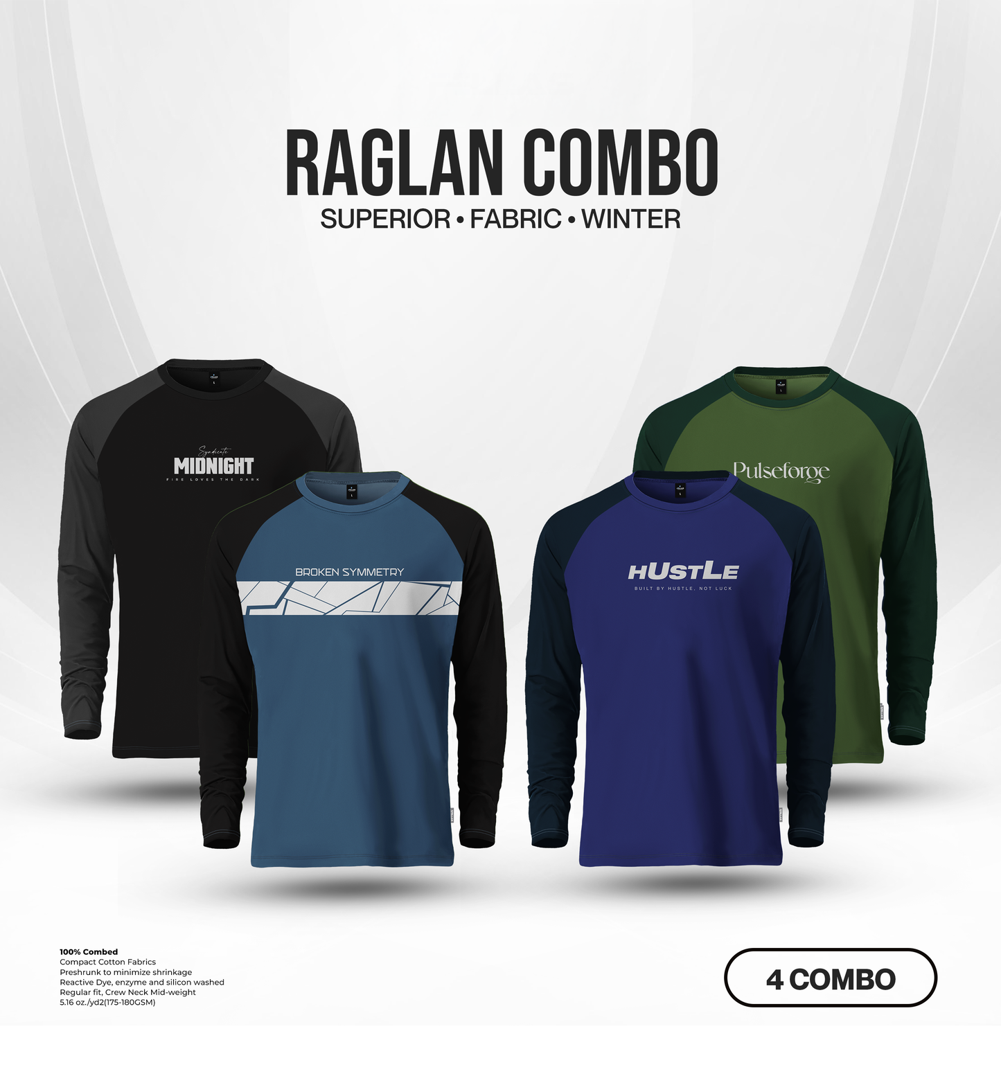 Men's Full Sleeve Raglan T-Shirt Combo (4 pcs) - Syndicate Midnight, Broken Symmetry, Hustle, Pulseforge