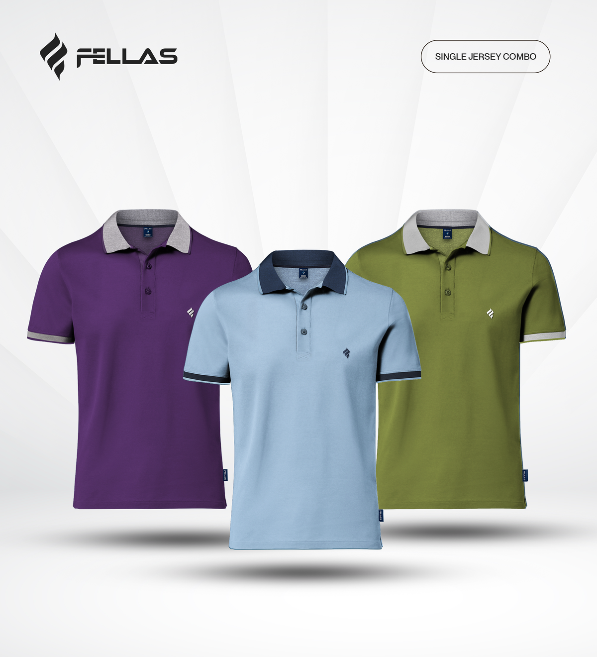 Men's Single Jersey Cotton Polo (3 combo)- Royal Purple, Powder Blue, Olive Drab