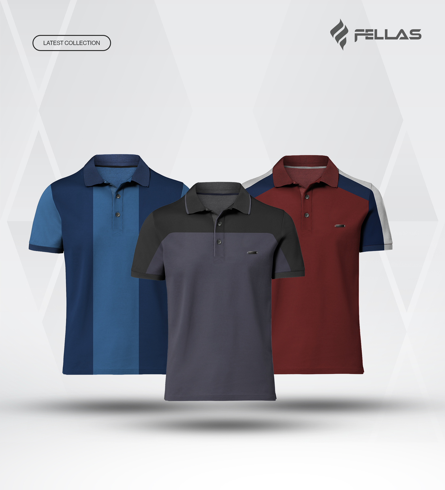 Men’s Double PK Cut & Sew Cotton Polo Combo (3 Pcs) - Ocean Stripe, Graphite Horizon, Royal Wine