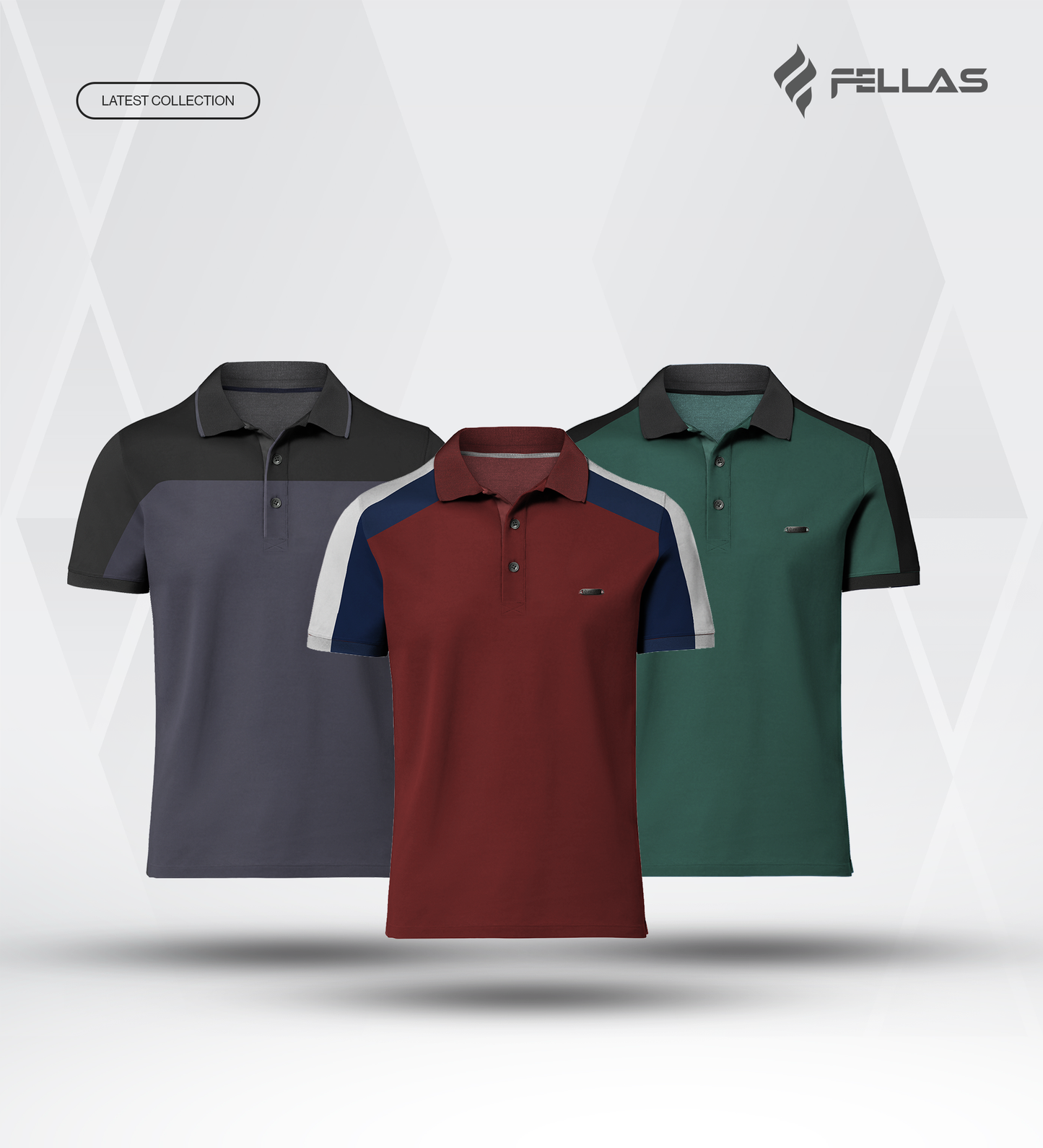 Men’s Double PK Cut & Sew Cotton Polo Combo (3 Pcs) - Graphite Horizon, Royal Wine, Green Force