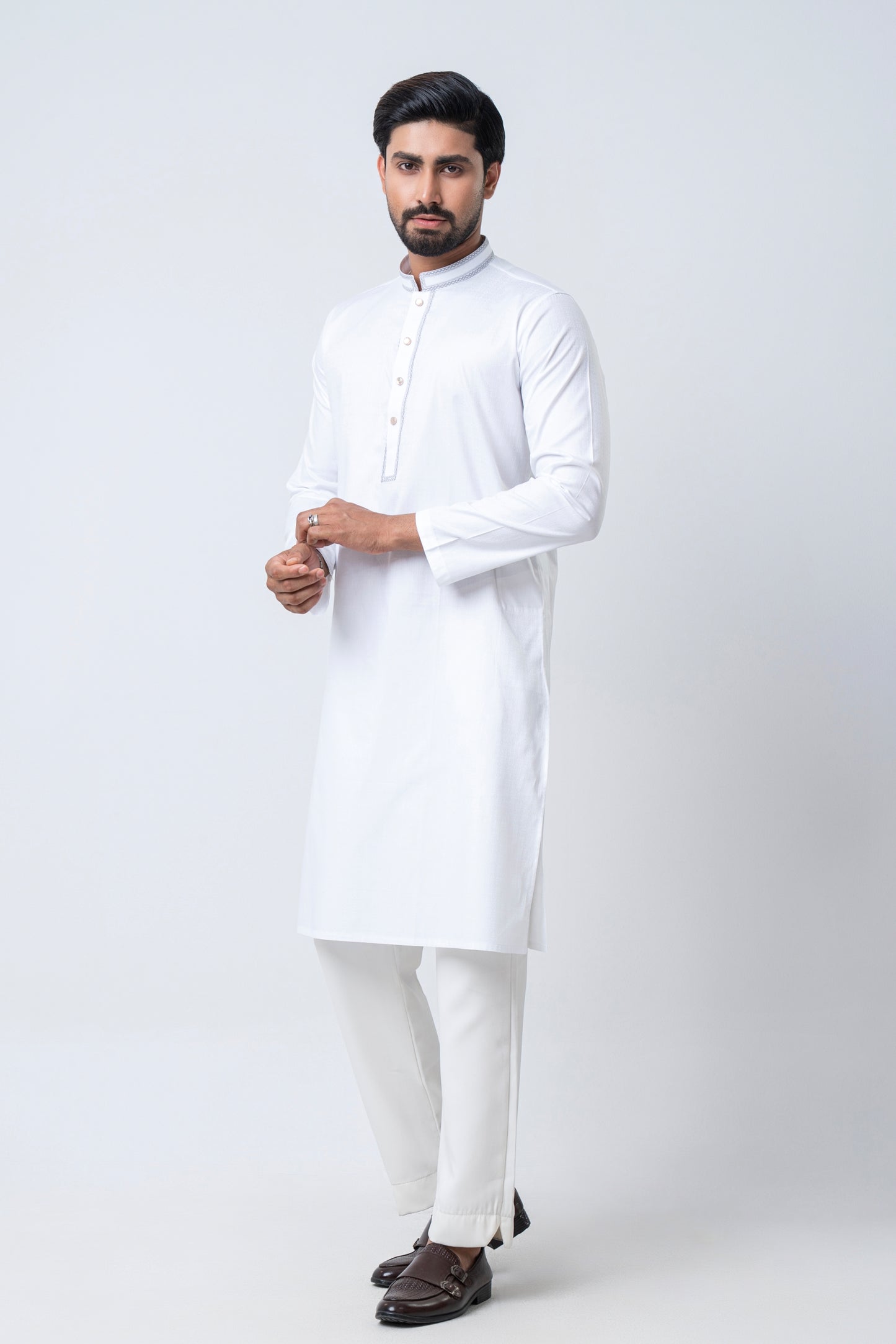 Premium Embroidered Arabic Jacquard Panjabi - White