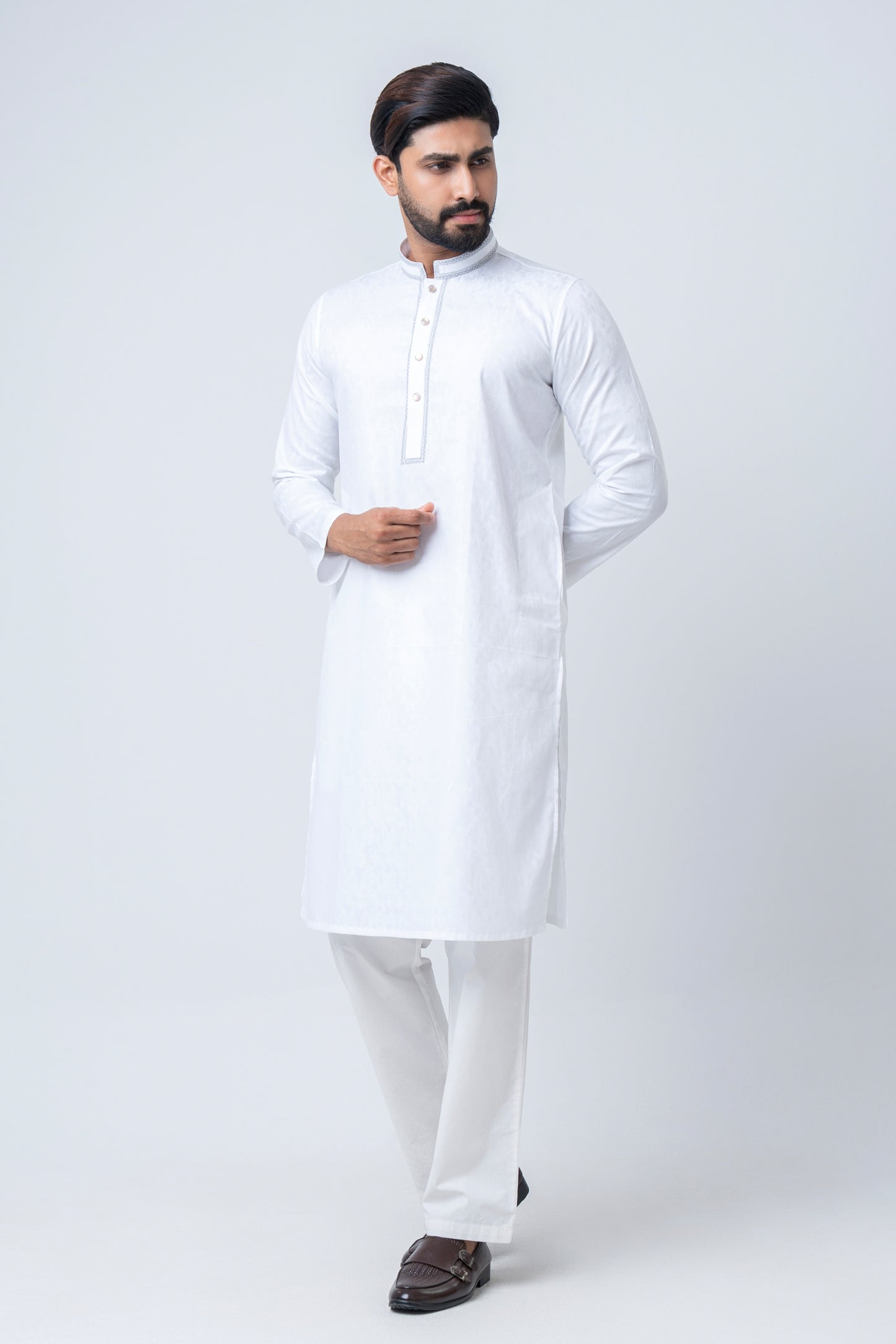 Premium Embroidered Jacquard Panjabi - White