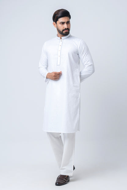 Premium Embroidered Jacquard Panjabi - White