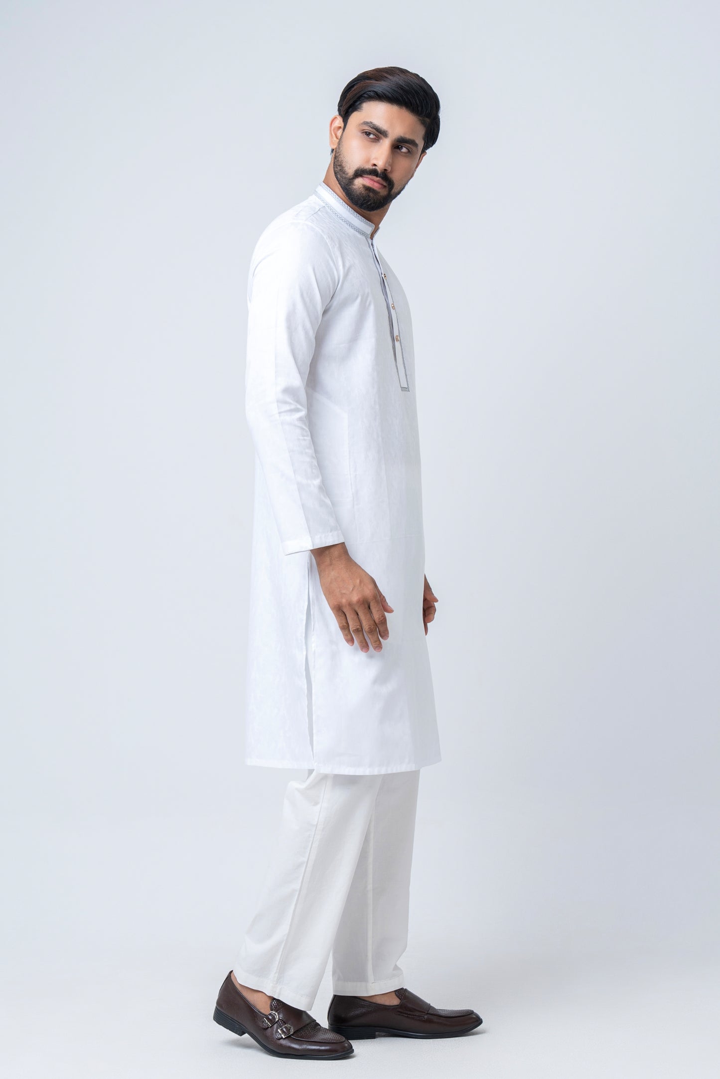 Premium Embroidered Jacquard Panjabi - White