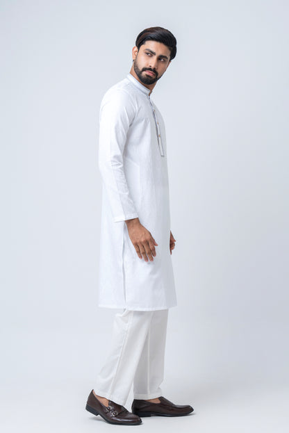 Premium Embroidered Jacquard Panjabi - White
