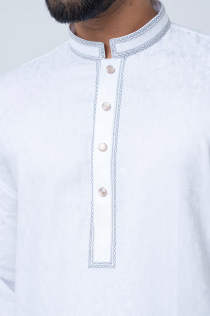 Premium Embroidered Jacquard Panjabi - White