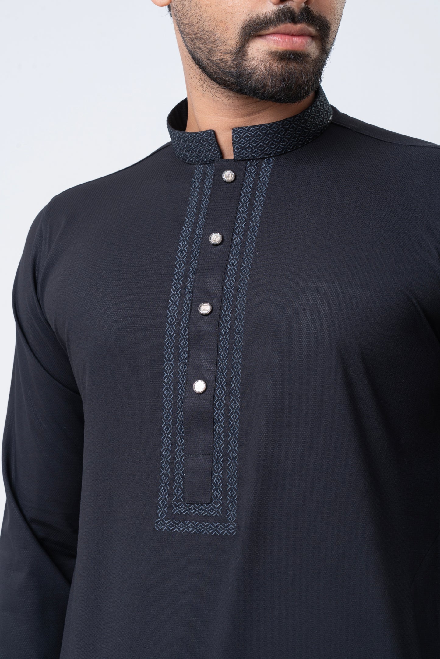 Premium Embroidered Dobby Cotton Panjabi - Black