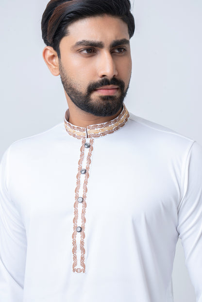 Premium Embroidered Dobby Cotton Panjabi - White