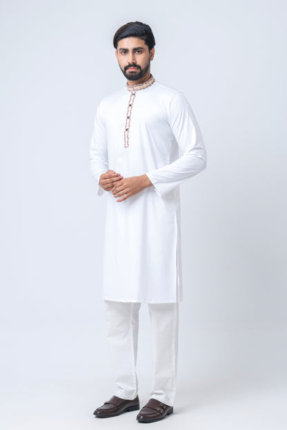Premium Embroidered Dobby Cotton Panjabi - White