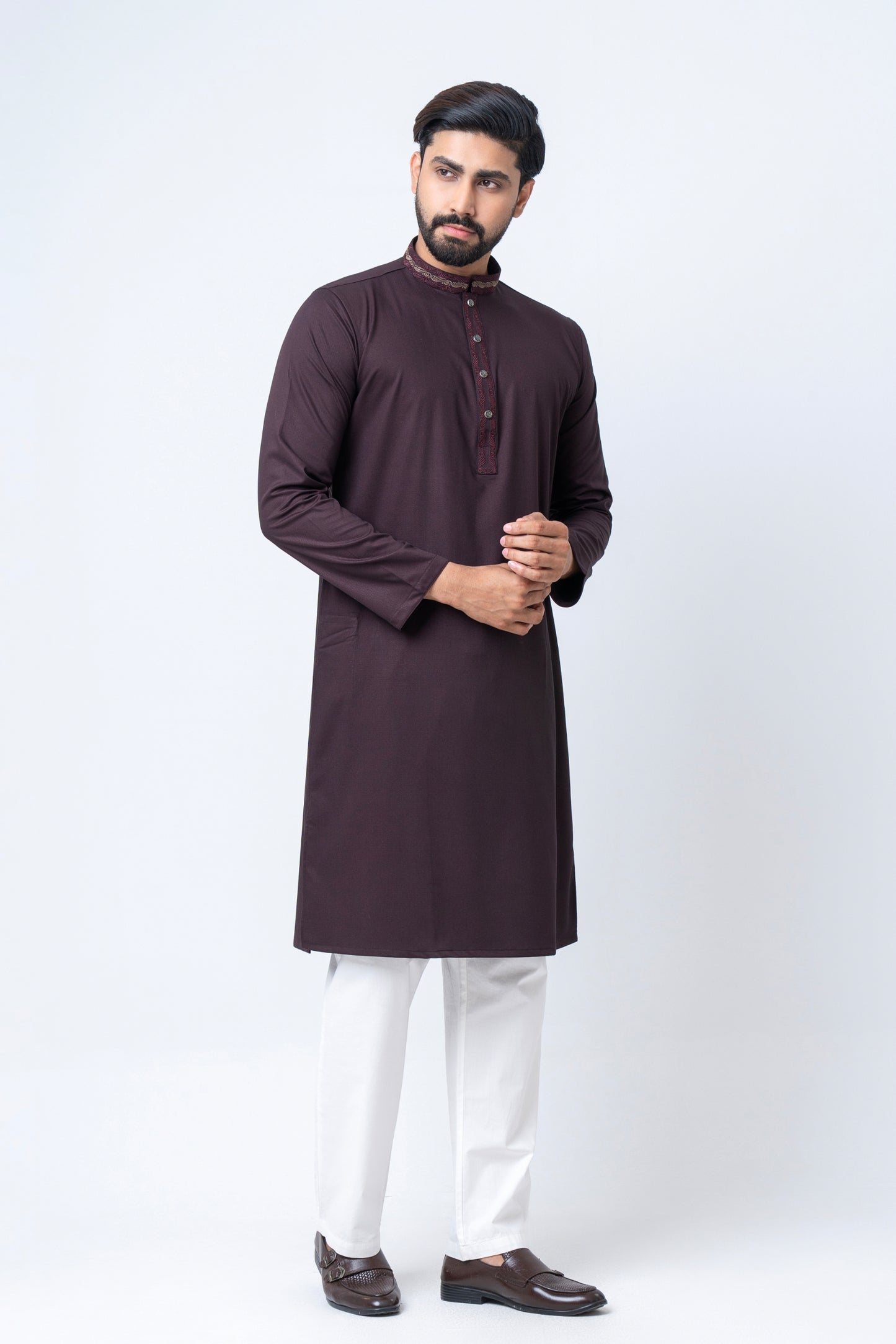Premium Embroidered Dobby Cotton Panjabi - Chocolate