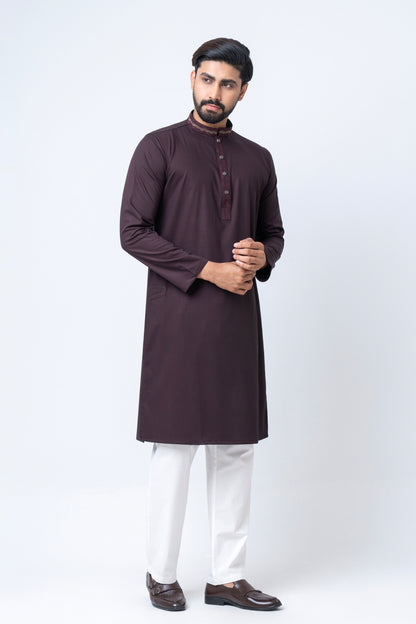 Premium Embroidered Dobby Cotton Panjabi - Chocolate