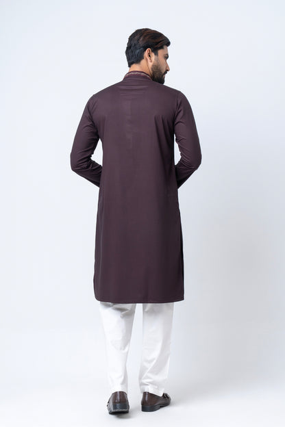 Premium Embroidered Dobby Cotton Panjabi - Chocolate