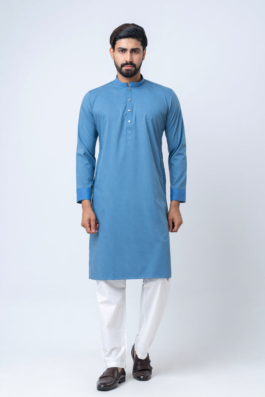 Premium Men’s Dobby Cotton Panjabi - Indigo Blue