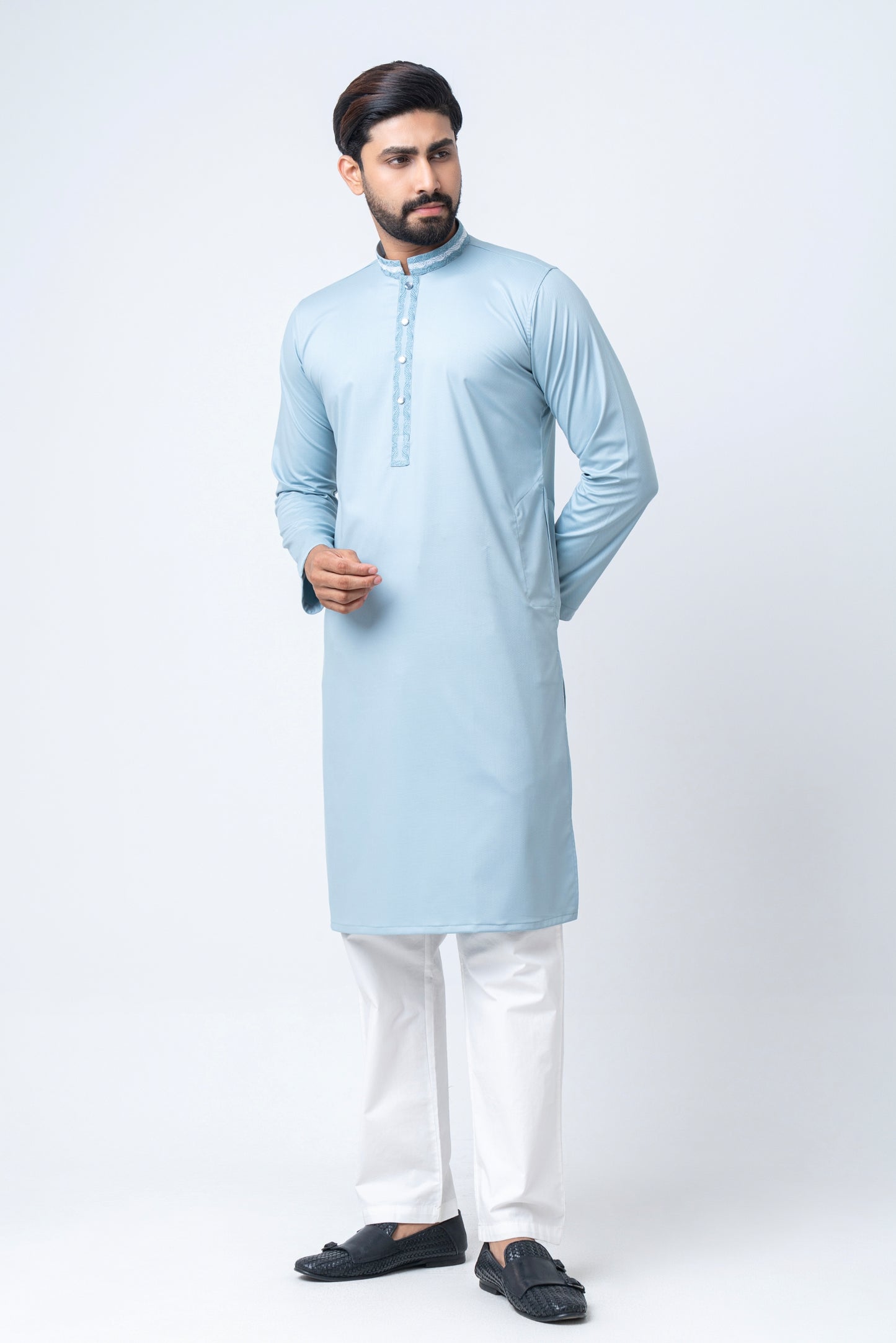 Premium Embroidered Dobby Cotton Panjabi - Powder Blue