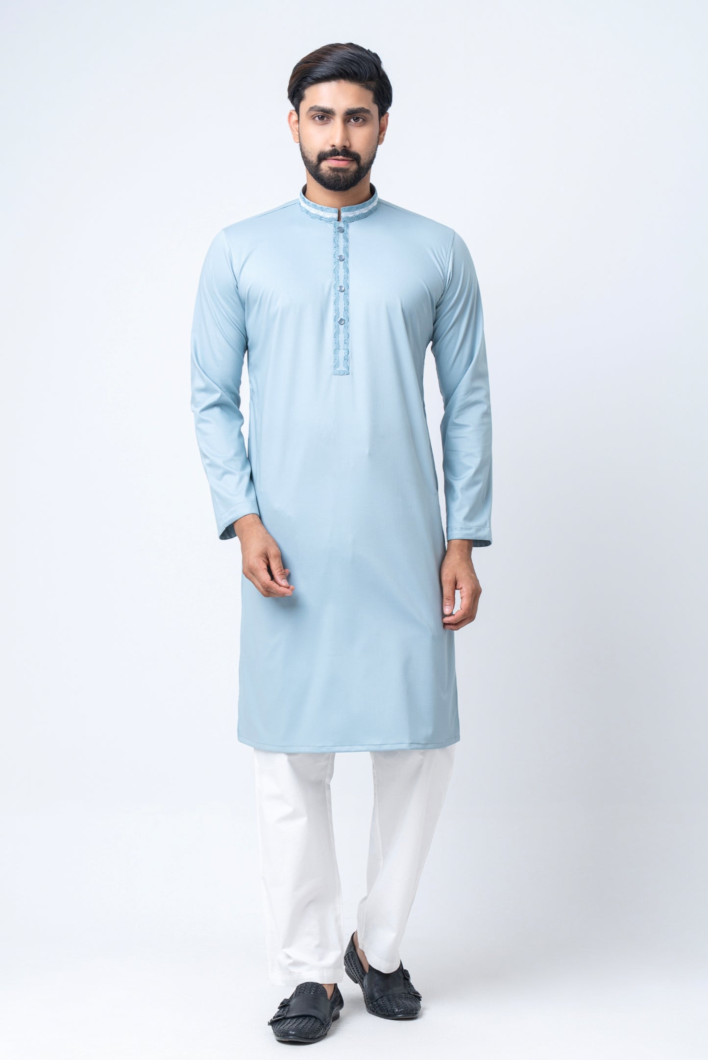 Premium Embroidered Dobby Cotton Panjabi - Powder Blue