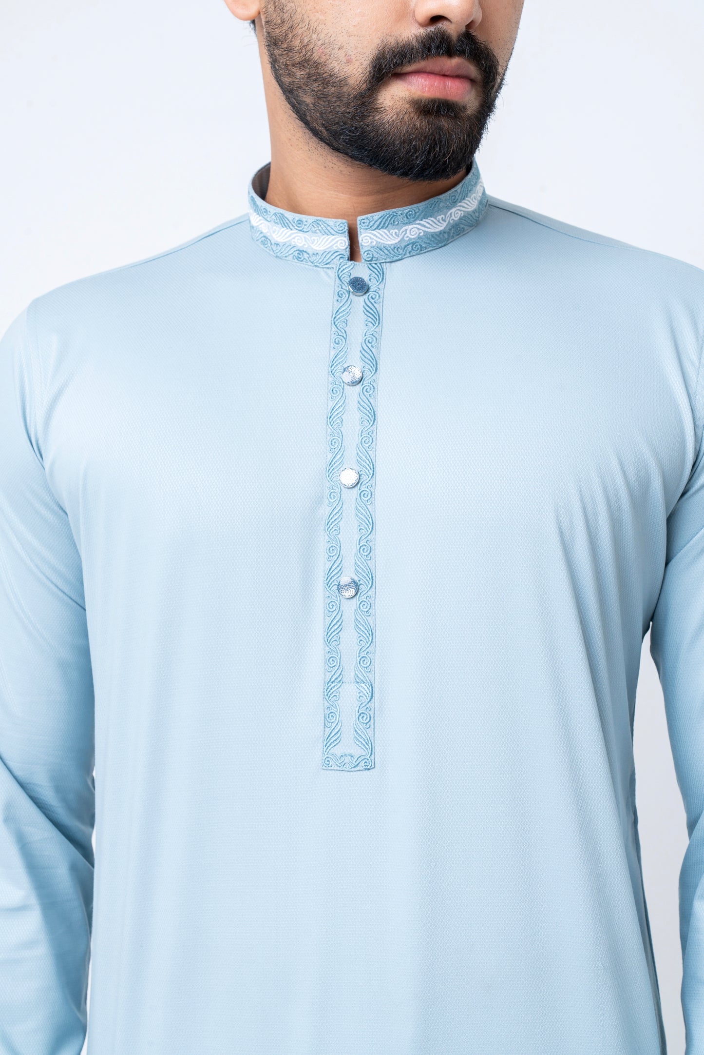 Premium Embroidered Dobby Cotton Panjabi - Powder Blue
