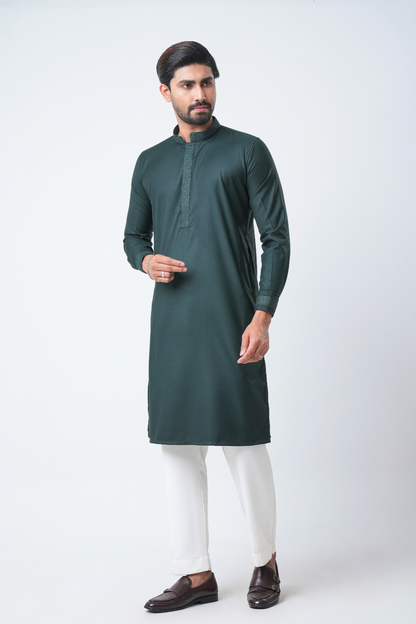 Luxury Men’s Embroidered Panjabi – Dark Green