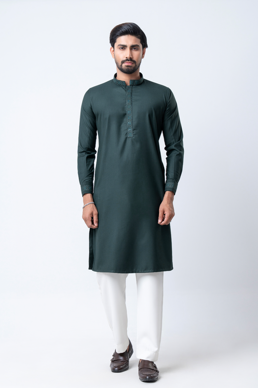 Luxury Men’s Embroidered Panjabi – Dark Green