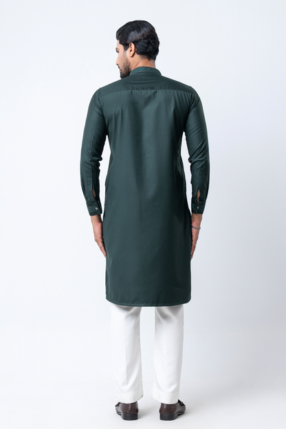 Luxury Men’s Embroidered Panjabi – Dark Green