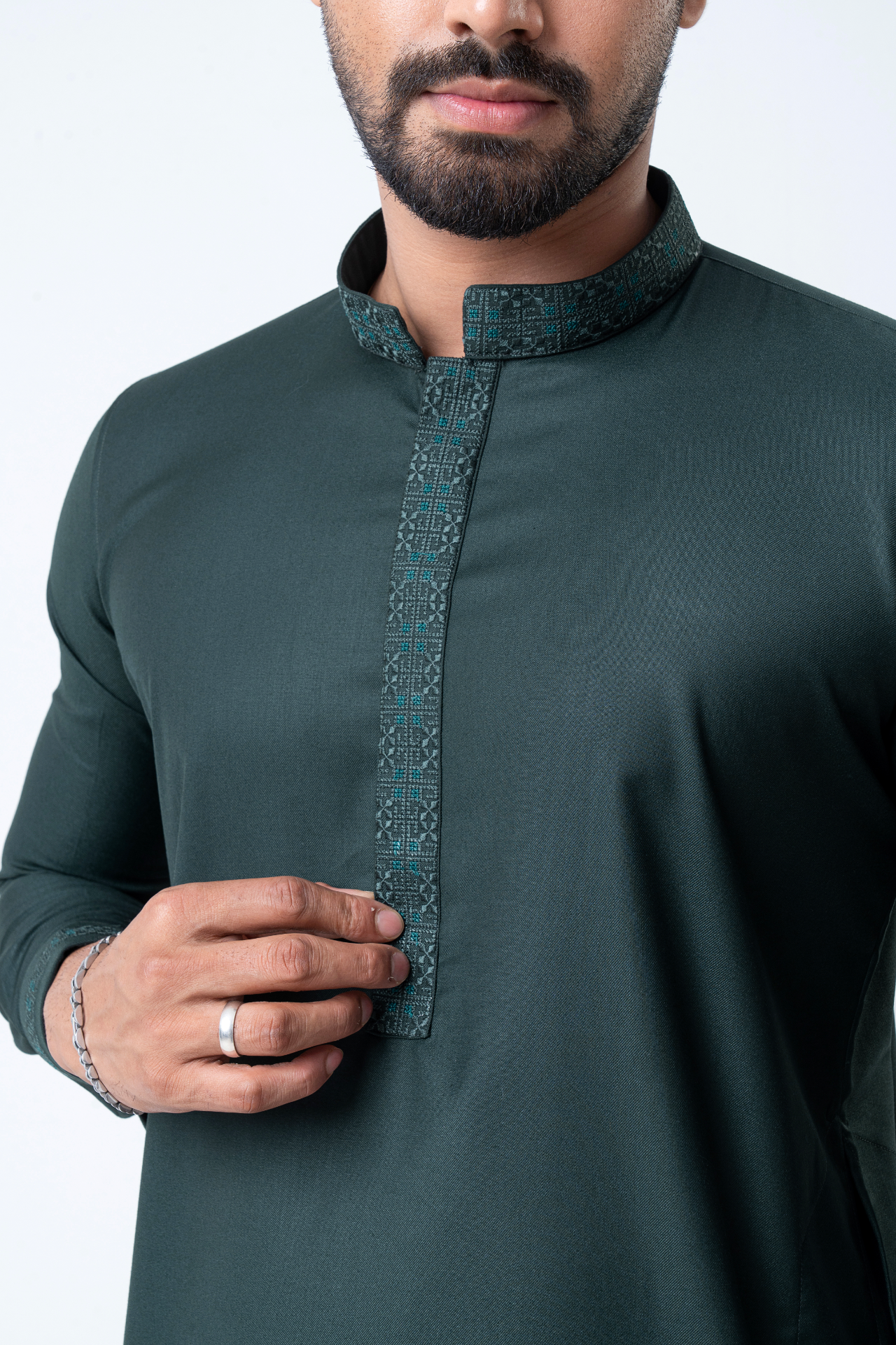 Luxury Men’s Embroidered Panjabi – Dark Green