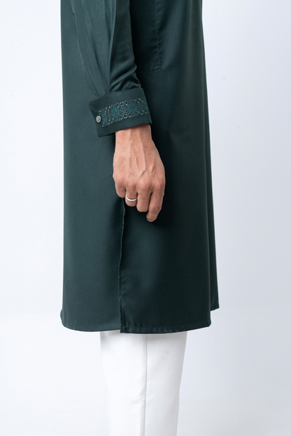 Luxury Men’s Embroidered Panjabi – Dark Green