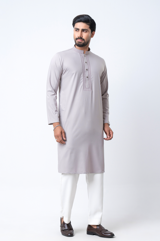 Premium Embroidered Dobby Cotton Panjabi - Beige