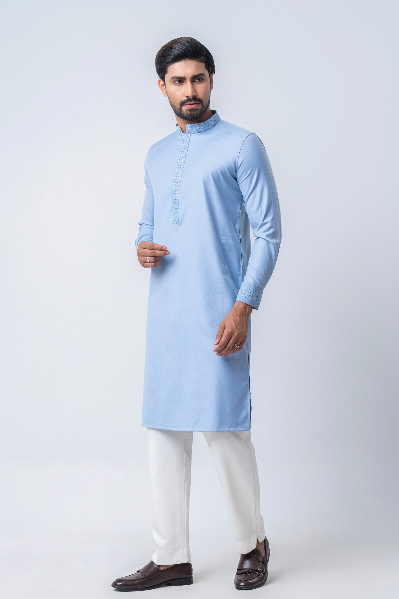 Luxury Men’s Embroidered Panjabi – Sky Blue