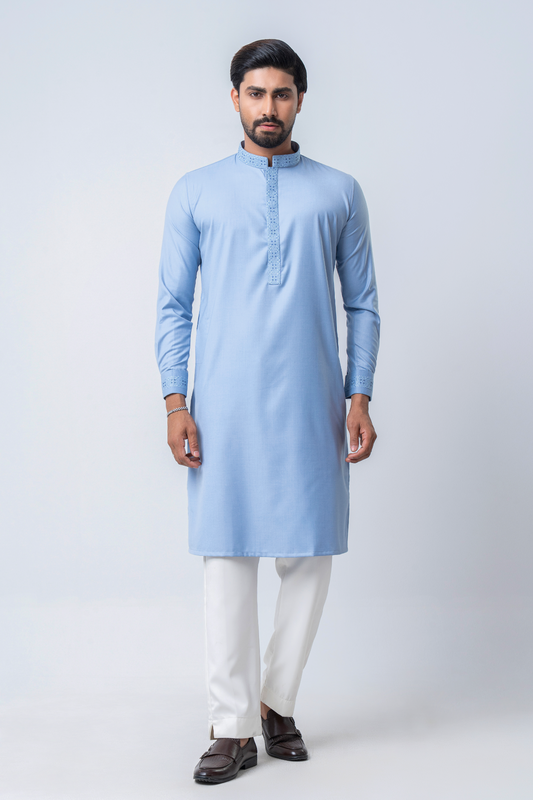 Luxury Men’s Embroidered Panjabi – Sky Blue