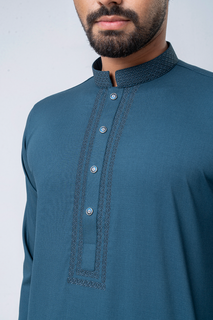 Premium Embroidered Dobby Cotton Panjabi - Green