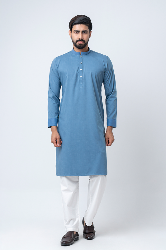 Premium Men’s Dobby Cotton Panjabi - Indigo Blue