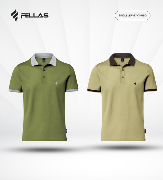 Men's Single Jersey Cotton Polo (2 combo)- Olive Drab, Taos Taupe Yellow