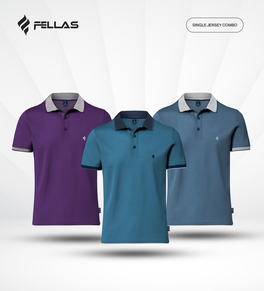 Men's Single Jersey Cotton Polo (3 combo)- Royal Purple, Sea Port Blue, Exist Blue