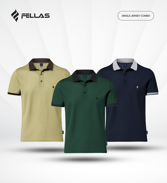 Men's Single Jersey Cotton Polo (3 combo)- Taos Taupe Yellow, June Bug Green, Navy