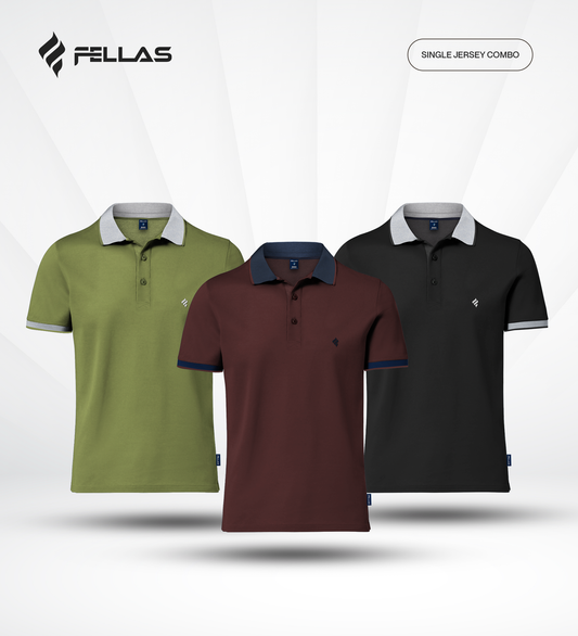 Men's Single Jersey Cotton Polo (3 combo)- Olive Drab, Maroon, Jet Black