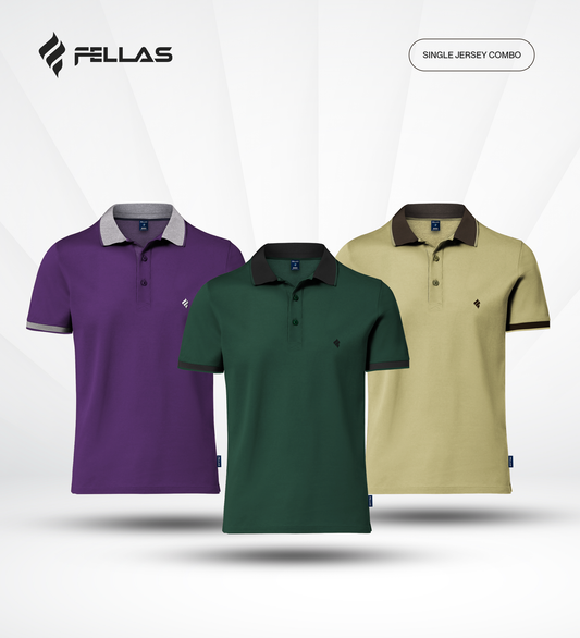 Men's Single Jersey Cotton Polo (3 combo)- Royal Purple, June Bug Green, Taos Taupe Yellow