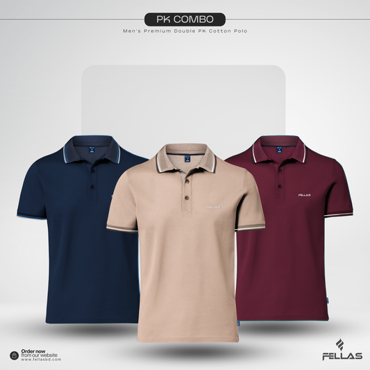 Men’s Premium Double PK Cotton Polo Combo (3 Pcs) -Navy, Laurel Oak & Maroon