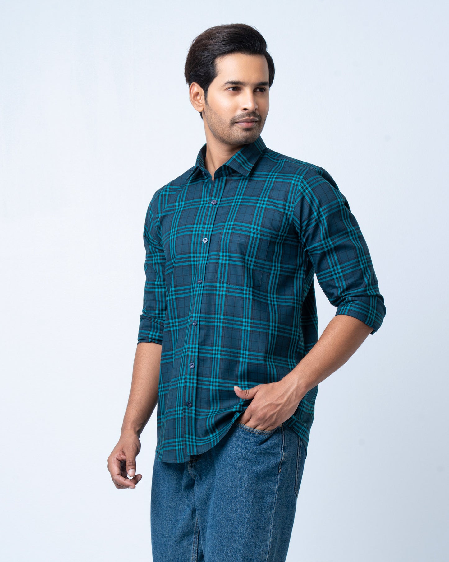Men's Premium Casual Shirt - Teal Check
