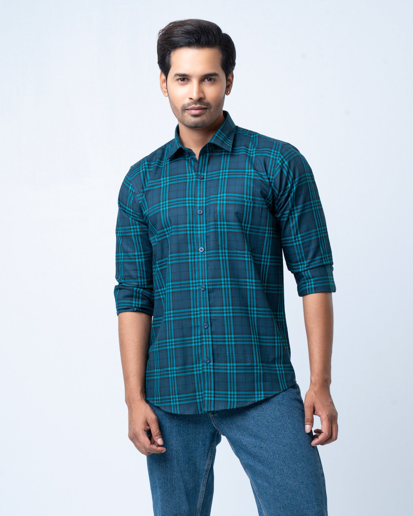 Men's Premium Casual Shirt - Teal Check