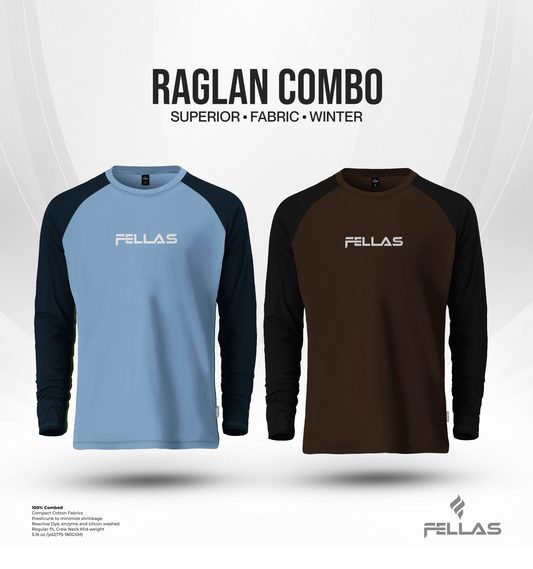 Fellas Full Sleeve Raglan T-Shirt Combo (2Pcs) - Sky Blue, Coffee