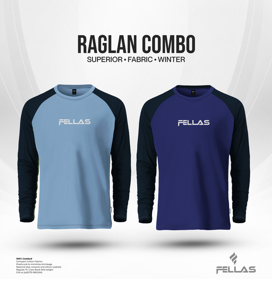 Fellas Full Sleeve Raglan T-Shirt Combo (2Pcs) - Sky Blue, Navy Blue
