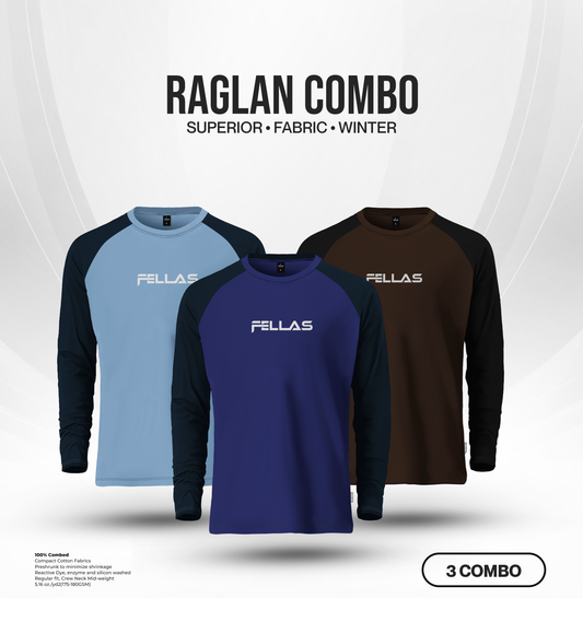 Fellas Full Sleeve Raglan T-Shirt Combo (3 Pcs) - Sky Blue, Navy Blue, Coffee