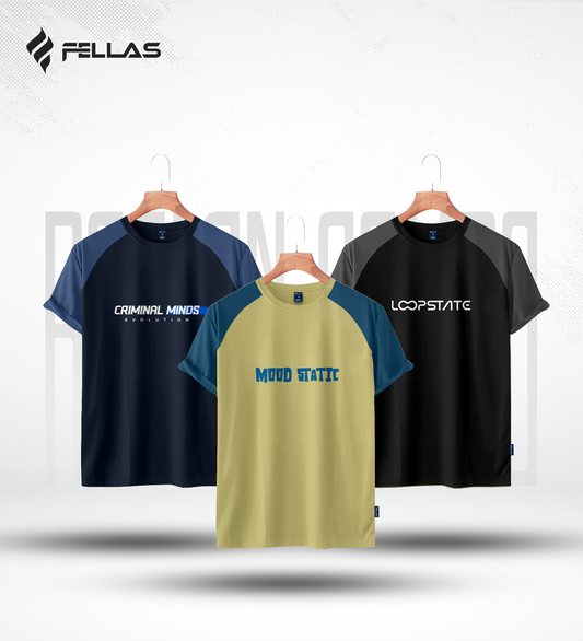 Fellas Men's Premium Half Sleeve Raglan (3 Combo) - Criminal Minds, Mood Static, Loopstate