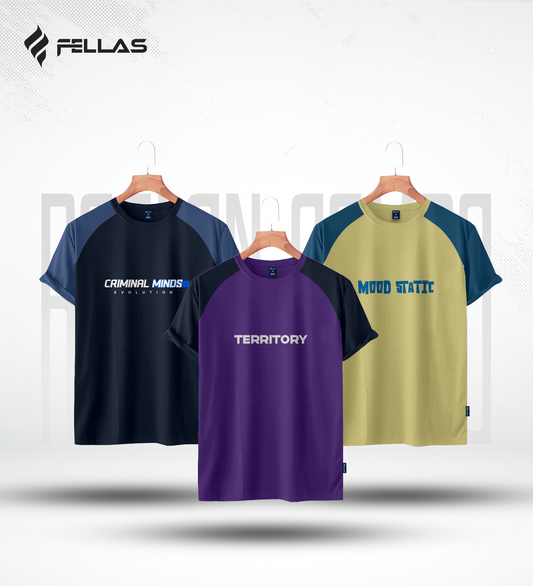 Fellas Men's Premium Half Sleeve Raglan (3 Combo) - Criminal Minds, Territory, Mood Static
