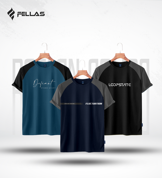 Fellas Men's Premium Half Sleeve Raglan (3 Combo) - Defiant, Fluctuation, Loopstate