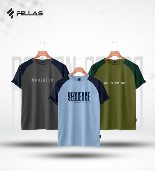 Fellas Men's Premium Half Sleeve Raglan (3 Combo) - Momentum, Sequence, Wild Poise