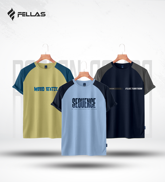 Fellas Men's Premium Half Sleeve Raglan (3 Combo) - Mood Static, Sequence, Fluctuation