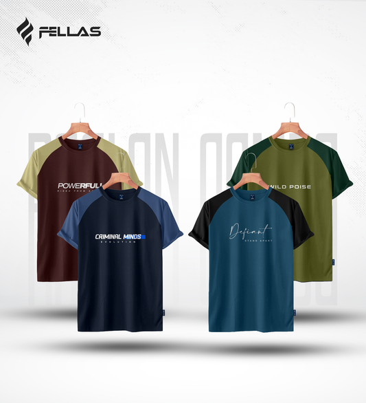 Fellas Men's Premium Half Sleeve Raglan (4 Combo) - Powerful, Criminal Minds, Defiant, Wild Poise
